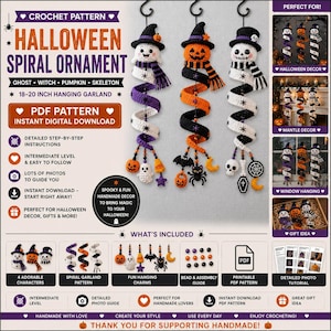 May include: A crochet pattern for Halloween spiral ornaments featuring three hanging garlands: a ghost with a purple and white spiral, a pumpkin with an orange and black spiral, and a skeleton with a white and black spiral, each with themed charms.