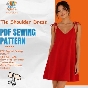 May include: A red dress with tie shoulder straps and a V-neckline. The text reads: Stitch & Sketch Studio, Tie Shoulder Dress, PDF SEWING PATTERN, PDF Digital Sewing Pattern size XS- 2XL, Easy Step-by-Step Instructions, Clear Illustrations Included.