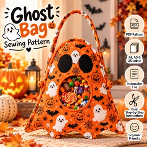 May include: A ghost-shaped fabric bag with an orange background featuring a pattern of white ghosts, black bats, spiderwebs, and jack-o'-lanterns. The bag has a circular clear window filled with assorted sweets and a top handle for carrying.