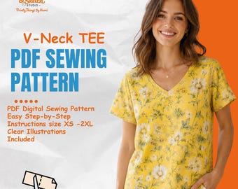 Women's V Neck Top Sewing Pattern PDF, Floral Summer Blouse, Digital Sewing Pattern, A4 A0 US Letter
