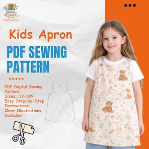 May include: A child wearing a beige apron decorated with bear and fox illustrations and floral patterns. The apron is part of a PDF sewing pattern for children, with sizes from 1 to 10 years old. The image also includes the text "Kids Apron PDF Sewing Pattern".