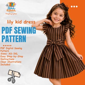 Könnte beinhalten: Ein braun und dunkelbraun gestreiftes Kleid mit Flügelärmeln und einer großen Schleife in der Taille. Der Text lautet: lily kid dress, PDF SEWING PATTERN, PDF Digital Sewing Pattern, Sizes: XS-3XL, Easy Step-by-Step Instructions, Clear Illustrations Included.