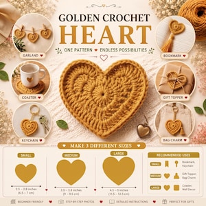 Könnte beinhalten: Eine goldene Häkelherz-Anleitung mit einem großen zentralen Herz, sechs kreisförmigen Fotobeispielen für fertige Artikel wie Girlande, Lesezeichen, Untersetzer, Geschenkanhänger, Schlüsselanhänger und Taschenanhänger sowie Größentabellen.