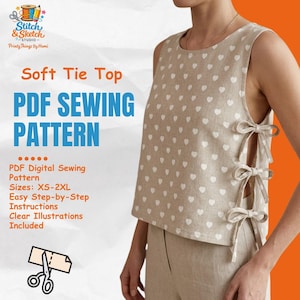 Puede incluir: Un top suave beige con lazos con patrones de corazones blancos y detalles de lazos en los laterales. La imagen también incluye el texto "Soft Tie Top PDF Sewing Pattern" y detalles sobre el patrón, incluyendo tallas XS-2XL.