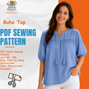 Blouse Pattern PDF | Boho Blouse Pattern | Loose Peasant Blouse Sewing Pattern | Easy Women's Top PDF | Shirt Sewing Pattern | XS–3XL