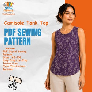 May include: A camisole tank top PDF sewing pattern is advertised. The image shows a woman wearing a purple tank top with a leaf pattern. The text on the image says "PDF Sewing Pattern", "Sizes: XS-2XL", and "Easy Step-by-Step Instructions".