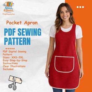 May include: A red pocket apron with white edging and a white pocket. The apron is part of a PDF sewing pattern, with sizes from XXS to 2XL. The image includes the text "Pocket Apron" and "PDF Sewing Pattern".