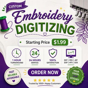 Può includere: Un annuncio grafico per servizi di digitalizzazione di ricami personalizzati con testo viola e verde, un rocchetto di filo viola e icone che rappresentano un tempo di consegna di 1 ora, servizio 24 ore, 100% soddisfazione e vari formati.