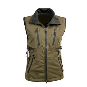 May include: Olive green vest with a black collar and zip closure. The vest has multiple zipped pockets and a carabiner clip. The sleeveless vest is designed for outdoor activities.
