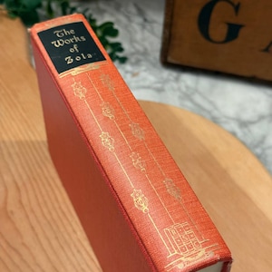 Puede incluir: Un libro de tapa dura con un lomo de color naranja vibrante que presenta patrones florales decorativos dorados y una etiqueta rectangular negra en la parte superior. La etiqueta contiene el texto blanco The Works of Zola.