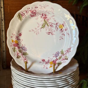 May include: A stack of white ceramic plates with scalloped edges, featuring a delicate floral pattern in shades of pink, yellow, and green. The design includes small clusters of flowers and leaves arranged around the rim of each plate.