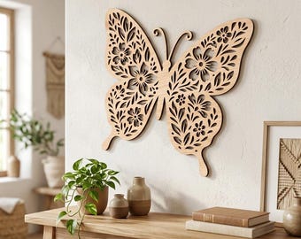 Floral Butterfly Wall Art SVG Laser Cut File, Full Botanical Butterfly Wooden Wall Decor Vector, Boho Insect Sign Glowforge CNC Cut File