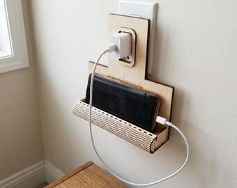 Wall Outlet Phone Charging Shelf Laser Cut SVG, Hanging Cell Phone Holder Vector, Living Hinge Outlet Charging Station File