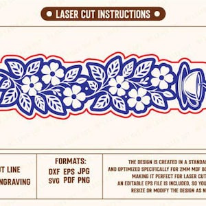 Puede incluir: Un dise&ntilde;o cortado con l&aacute;ser con un patr&oacute;n floral con hojas y flores, y una taza de t&eacute;. El dise&ntilde;o es en azul y blanco, con un contorno rojo. El texto "LASER CUT INSTRUCTIONS" est&aacute; en la parte superior.