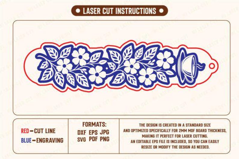 Puede incluir: Un dise&ntilde;o cortado con l&aacute;ser con un patr&oacute;n floral con hojas y flores, y una taza de t&eacute;. El dise&ntilde;o es en azul y blanco, con un contorno rojo. El texto "LASER CUT INSTRUCTIONS" est&aacute; en la parte superior.