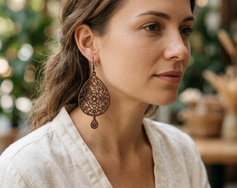 Wooden Filigree Earring SVG Laser Cut File, Vintage Mandala Floral Teardrop Dangle Earrings Vector, Chandelier Drop Jewelry Cut File