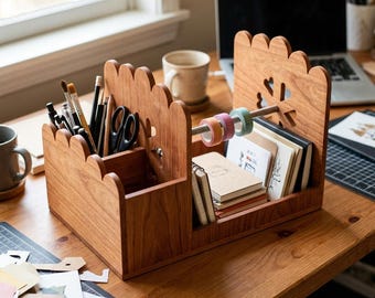 Wooden Craft Desk Organizer Laser Cut SVG, Scalloped Supply Caddy & Ribbon Holder Vector File, Craft Room Storage Box SVG