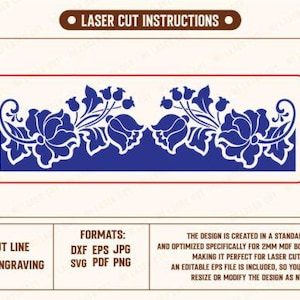 Puede incluir: Un dise&ntilde;o floral azul para corte l&aacute;ser, con una l&iacute;nea de corte roja y detalles de grabado azules. El dise&ntilde;o incluye el texto "Laser Cut Instructions" y est&aacute; optimizado para un grosor de tablero MDF de 2 mm. Formatos: DXF, EPS, JPG, SVG y PDF.