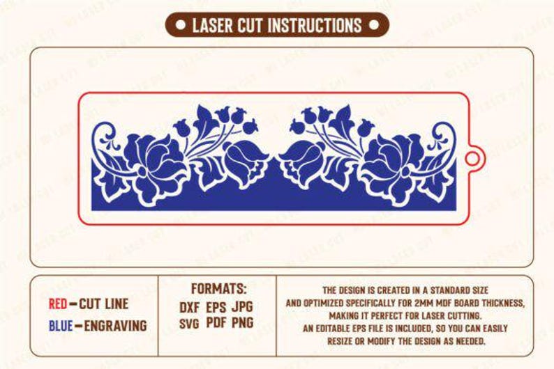 Puede incluir: Un dise&ntilde;o floral azul para corte l&aacute;ser, con una l&iacute;nea de corte roja y detalles de grabado azules. El dise&ntilde;o incluye el texto "Laser Cut Instructions" y est&aacute; optimizado para un grosor de tablero MDF de 2 mm. Formatos: DXF, EPS, JPG, SVG y PDF.