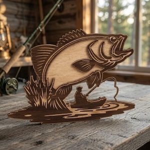 Archivo SVG de pesca de lubina en capas 3D – Paisaje de pescador en kayak, mandala, archivo de corte láser (descarga digital)