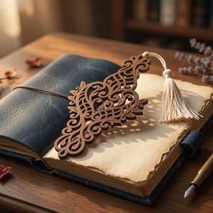 Marcapáginas SVG con filigrana ornamentada cortada con láser – Diseño floral en madera (Descarga digital)