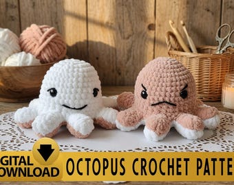 Patrón de ganchillo reversible de pulpo, peluche de doble emoción en PDF (descarga digital)