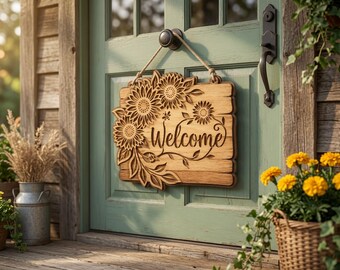 Letrero de bienvenida con girasoles en formato SVG, colgador de puerta de madera en capas, plantilla floral (descarga digital).