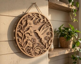 Arte mural de colibrí con mandala floral cortado con láser, decoración de madera inspirada en la naturaleza (descarga digital)