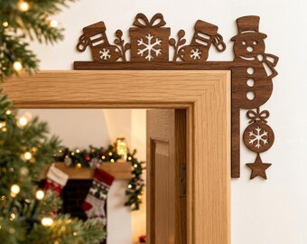 Christmas Door Corner Sign SVG, Snowman Door Frame Topper Laser Cut File, Xmas Stocking & Gift Box Wall Decor, CNC  Digital File