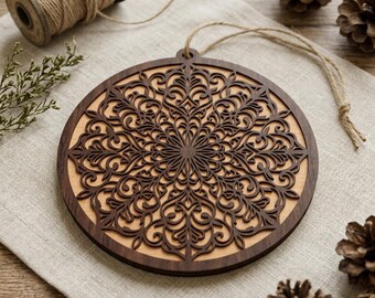 Mandala Ornament SVG Laser Cut File, Layered Wooden Christmas Bauble Vector, Filigree Round Holiday Hanging Decor