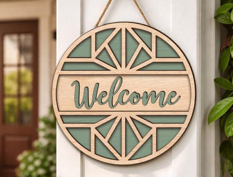 Round Welcome Sign SVG Bundle – Geometric Floral Door Hanger Laser Cut ...