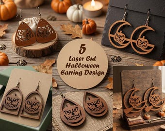5 plantillas de pendientes de Halloween cortadas con láser, archivos SVG de joyería de calabaza espeluznante (descarga digital)