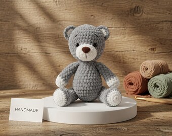 Patrón de osito de peluche a crochet, tutorial de juguete amigurumi gris (descarga en PDF)