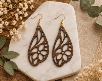Wooden Butterfly Wing Earring SVG Laser Cut File, Floral Teardrop Dangle Earrings Vector, Boho Botanical Drop Jewelry Cut File