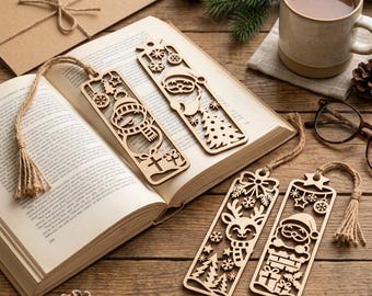 Christmas Bookmark SVG Laser Cut File Bundle, 4 Wooden Bookmarks Set, Santa Reindeer Snowman Christmas Tree Bookmark Vector