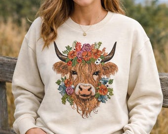 Floral Highland Cow Embroidery Design | Boho Farmhouse Sweatshirt Tote (Digital Download)