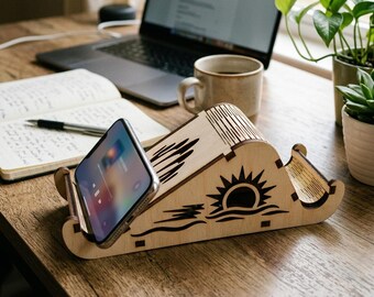 Wooden Phone Stand Laser Cut File SVG, Flexible Living Hinge Cell Phone Holder Vector, Desk Organizer Smartphone Cradle SVG