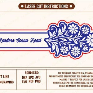 Puede incluir: Un dise&ntilde;o cortado con l&aacute;ser con el texto "Readers Gonna Read" en azul y rojo. El dise&ntilde;o incluye elementos florales e instrucciones para el corte por l&aacute;ser. La imagen tambi&eacute;n incluye informaci&oacute;n sobre formatos de archivo.