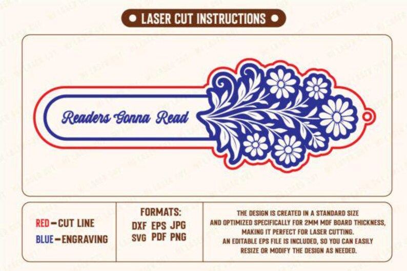 Puede incluir: Un dise&ntilde;o cortado con l&aacute;ser con el texto "Readers Gonna Read" en azul y rojo. El dise&ntilde;o incluye elementos florales e instrucciones para el corte por l&aacute;ser. La imagen tambi&eacute;n incluye informaci&oacute;n sobre formatos de archivo.