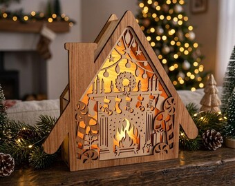 Caja de luz navideña 3D con diseño de casa y chimenea (descarga digital)
