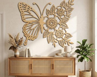 Floral Butterfly Wall Art SVG Laser Cut File, Half Floral Butterfly Wooden Wall Decor Vector, Boho Botanical Insect Wall Hanging