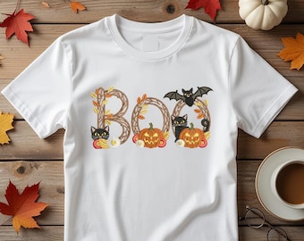 Diseño de bordado de Halloween "Boo" – Gatos negros, calabazas, murciélago (descarga digital)