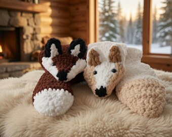 Patrón de bufanda de zorro y lobo a crochet, chal de animales del bosque, estilo amigurumi de peluche (descarga en PDF)