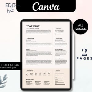 Op de afbeelding: Een digitaal cv-sjabloon op een tablet, met de tekst "YOUR NAME WEB DEVELOPER". Het ontwerp bevat secties voor ervaring, opleiding en vaardigheden. De afbeelding bevat ook de tekst "NO PIXELATION when zooming in" en "ALL Editable".