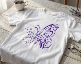 Diseño de bordado de mariposa con remolino morado, elegante patrón de costura a máquina (descarga digital)