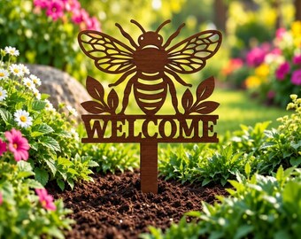 Letrero de jardín con diseño de abeja de bienvenida, letrero floral cortado con láser (descarga digital)