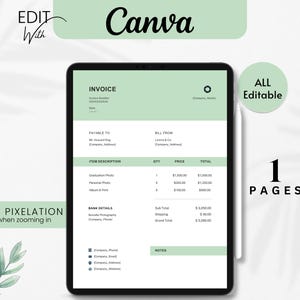 Può includere: Un modello di fattura digitale su un tablet, con un design verde menta e bianco. La fattura include campi per le descrizioni degli articoli, le quantità e i totali. Il testo sullo schermo recita "Invoice" e "All Editable". L'immagine include anche il testo "Canva".