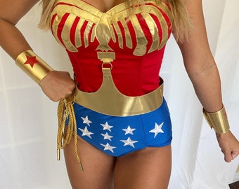 Superhero Wonder  inspired costume Lynda  corset, Tiara and cuffs. (briefs not included)