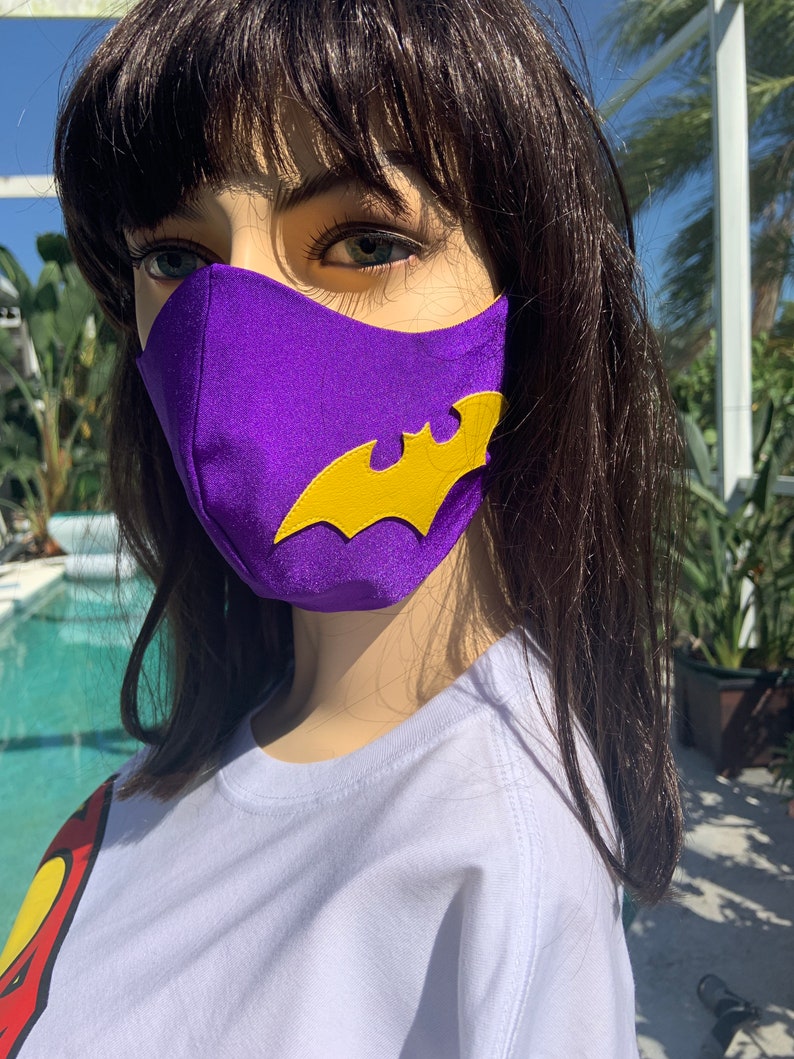 Superhero batgirl face mask washable Purple and yellow Etsy