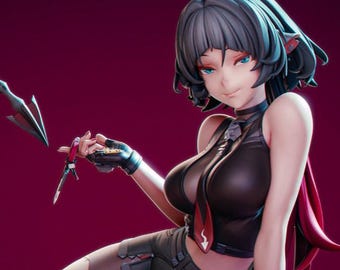 May include: A figurine of a character with dark hair, pointed ears, and a black outfit, holding a small object. A curved, silver tail with a pointed end extends from behind the figure. A red apple rests on a round, red platform.